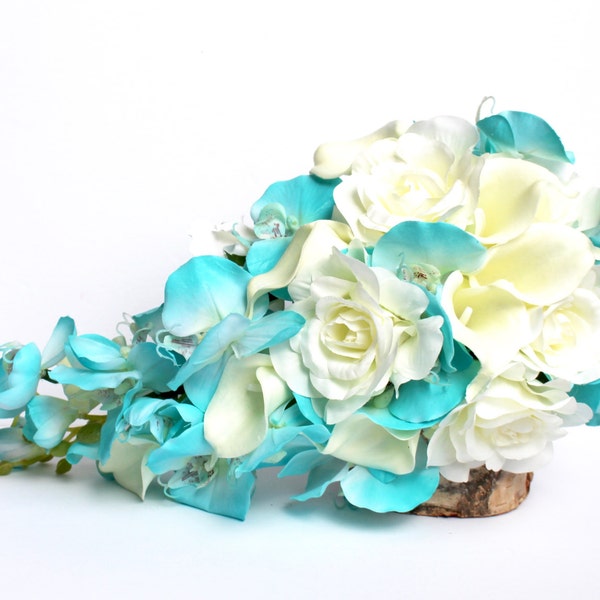 Turquoise Wedding Bouquet , Aqua Blue Wedding Bouquet , Turquoise and Ivory Wedding Boquet , Burlap and Lace , Real to touch and Silk