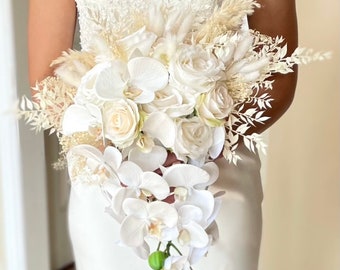 White Boho Cascading Wedding Bouquet with Silk Roses, Cream Dried Preserved Foliage, and High Quality Real To Touch Orchids