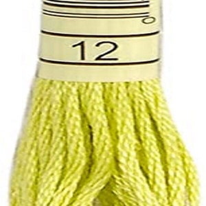 May include: A skein of DMC embroidery floss in color 12, a bright yellow green. The skein is labeled with the DMC logo and the number 25, indicating the length of the floss. The skein is also labeled with the number 12, indicating the color.