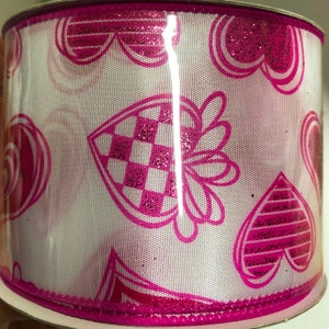 Valentine&#39;s Ribbon White with Pink Hearts 2.5&quot; x 10yards