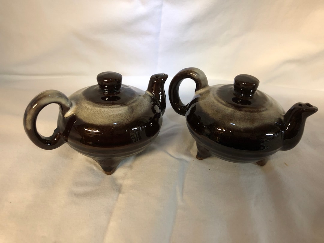 Vintage Brown Stoneware Coffee Teapot Salt and Pepper Shakers Etsy