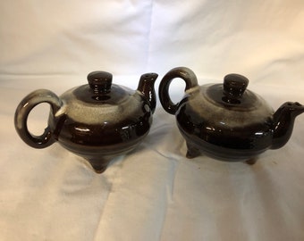 Vintage Brown Stoneware Coffee Teapot Salt and Pepper Shakers