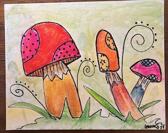 Fantasy Mushrooms Original Pastel Painting by Lee Seed