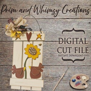 May include: A digital cut file design featuring a white wooden sign with a yellow sunflower, two brown birds, a heart, two stars, and a small bee. The text reads Prim and Whimsy Creations, DIGITAL CUT FILE, and INSTANT DOWNLOAD SVG.