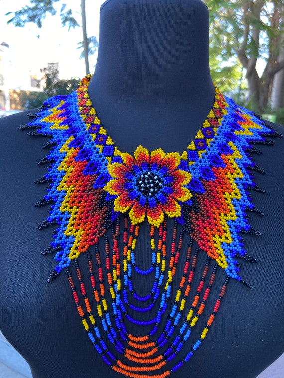 Flower Necklace Set Huichol Choker Bracelet and Earrings Set