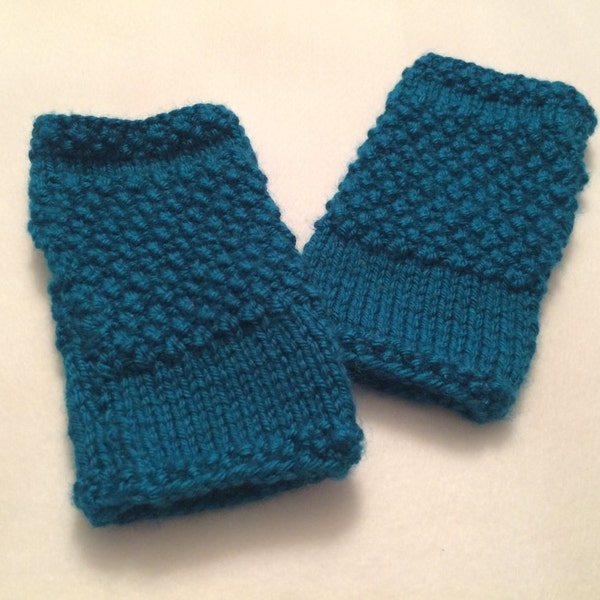 Knit Turquoise Textured Fingerless Gloves/Handwarmers - FREE U.S. SHIPPING