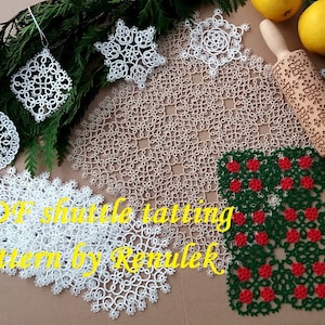 May include: A collection of white and green crocheted doilies, snowflakes, and ornaments. The doilies are square and round, and the snowflakes are six-pointed. The ornaments are in the shape of a snowflake and a ball. The doilies and snowflakes are made with a delicate, intricate pattern. The ornaments are decorated with small beads. The text "PDF shuttle tatting pattern by Renulek" is visible in the image.