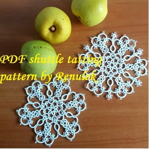 May include: Two white crocheted doilies with a delicate floral pattern, on a wooden surface with three green apples. The text "PDF shuttle tatting pattern by Renulek" is visible in the image.