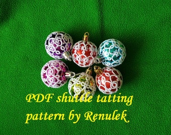 May include: Six white crocheted Christmas ornaments with different colored centers on a green background. The text "PDF shuttle tatting pattern by Renulek" is below the ornaments.