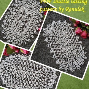 May include: Three white crocheted doilies, each with a circular design. The doilies are arranged in a collage with a green background and a title that reads "PDF shuttle tatting pattern by Renulek."