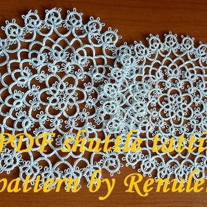 May include: Two white crocheted doilies with a delicate floral pattern. The doilies are on a wooden surface. The text "PDF Shuttle Tatting pattern by Renulek" is visible in the image.