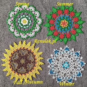 May include: Four crocheted doilies representing the four seasons: spring with green, pink, and white, summer with red, green, blue, and yellow, fall with brown, yellow, and orange, and winter with white, blue, and light blue.