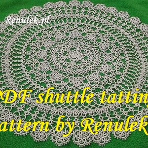 May include: A white crocheted doily with a delicate pattern. The doily is on a green background. The text "PDF shuttle tatting pattern by Renulek" is written in yellow letters on the doily.