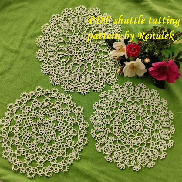 3 Roses - Small Doilies PDF Original Shuttle Tatting Pattern by Renulek. Instant Digital Download. Tatting yourself gift. schemat frywolitki