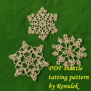 May include: Three white snowflake tatting patterns on a green background. The text "PDF shuttle tatting pattern by Renulek" is below the snowflakes.