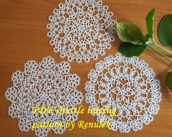 3 Peonies Doilies”3 Piwonie PDF Original Shuttle Tatting Pattern by Renulek. Instant Digital Download. Tatting yourself gift.