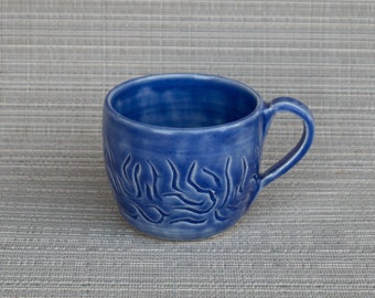 mug, blue mug, pottery mug, blue hand made mug, handmade mug, carved pottery mug, carved blue mug, handmade caved blue mug