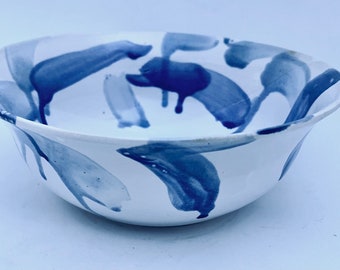 Bowl, pottery bowl, fruit bowl, handmade bowl, blue & white bowl, blue pottery bowl, fruit bowl, blue handmade pottery bowl, decor bowl