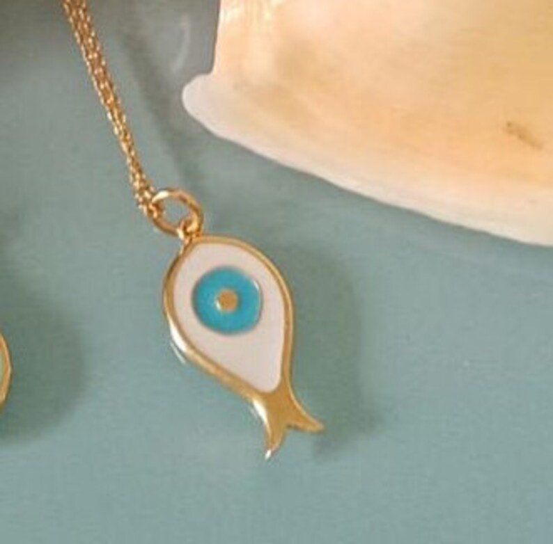 Cute Summer Sterling Silver and Enamel Evil Eye Necklaces.Yellow Gold Plated Silver Pendant .Good Luck and Protection Jewelry.Summer Gift