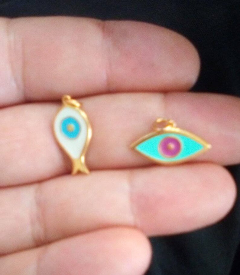 Cute Summer Sterling Silver and Enamel Evil Eye Necklaces.Yellow Gold Plated Silver Pendant .Good Luck and Protection Jewelry.Summer Gift