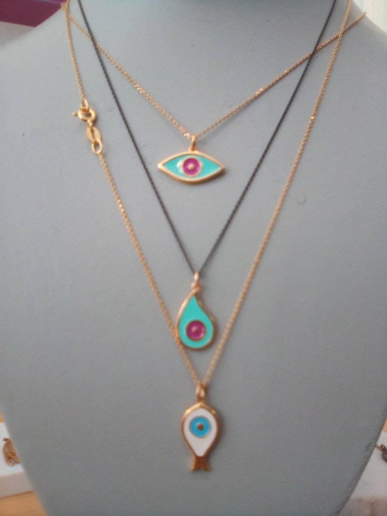 Cute Summer Sterling Silver and Enamel Evil Eye Necklaces.Yellow Gold Plated Silver Pendant .Good Luck and Protection Jewelry.Summer Gift