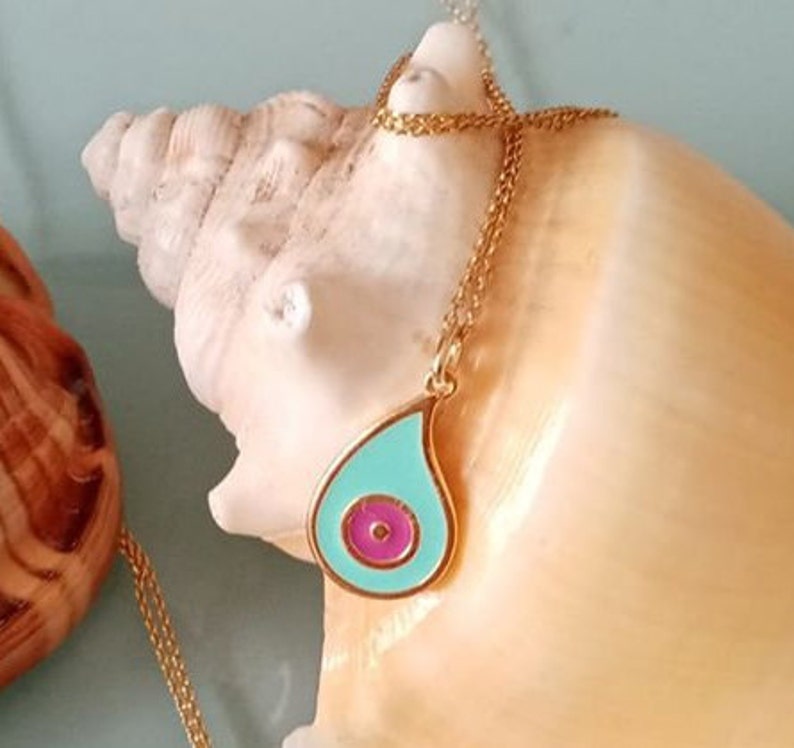 Cute Summer Sterling Silver and Enamel Evil Eye Necklaces.Yellow Gold Plated Silver Pendant .Good Luck and Protection Jewelry.Summer Gift