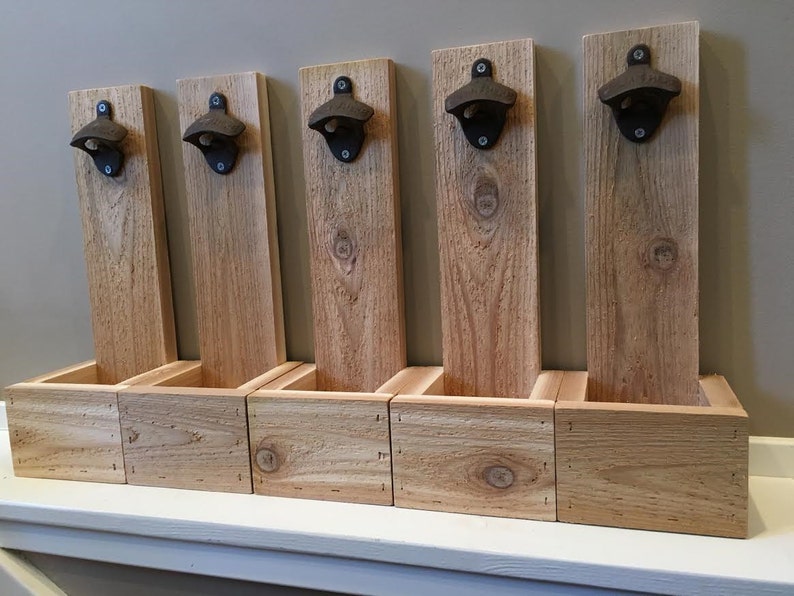 Wall Mounted Beer Bottle Opener With Cap Catcher Cedar Etsy