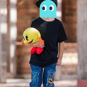 Pac-Man distress jeans/vintage Pac-Man distress jeans/pac-Man fabric/video game inspired Pac-Man distress jeans