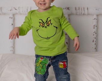 Distressed Grinchmas, patched jeans for Christmas Wear, Christmas party, first Christmas outfit,Christmas distressed jeans,Toddler Grinch