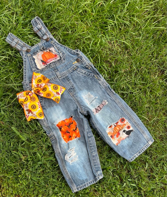 Distressed Denim Overalls harvest Overalls pumpkins thanksgiving