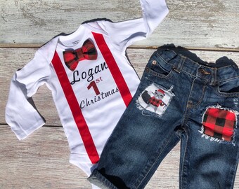Personalized Baby's First Christmas Outfit, Buffalo Plaid Bowtie