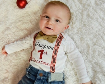Personalized Baby Boy First Christmas Outfit, Reindeer Plaid Suspenders