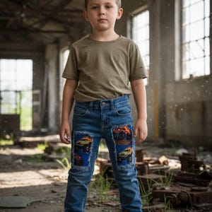 May include: A young person wearing a short-sleeved olive green t-shirt and blue jeans with monster truck patches. The jeans have patches with colorful monster truck designs. The person is wearing brown boots.