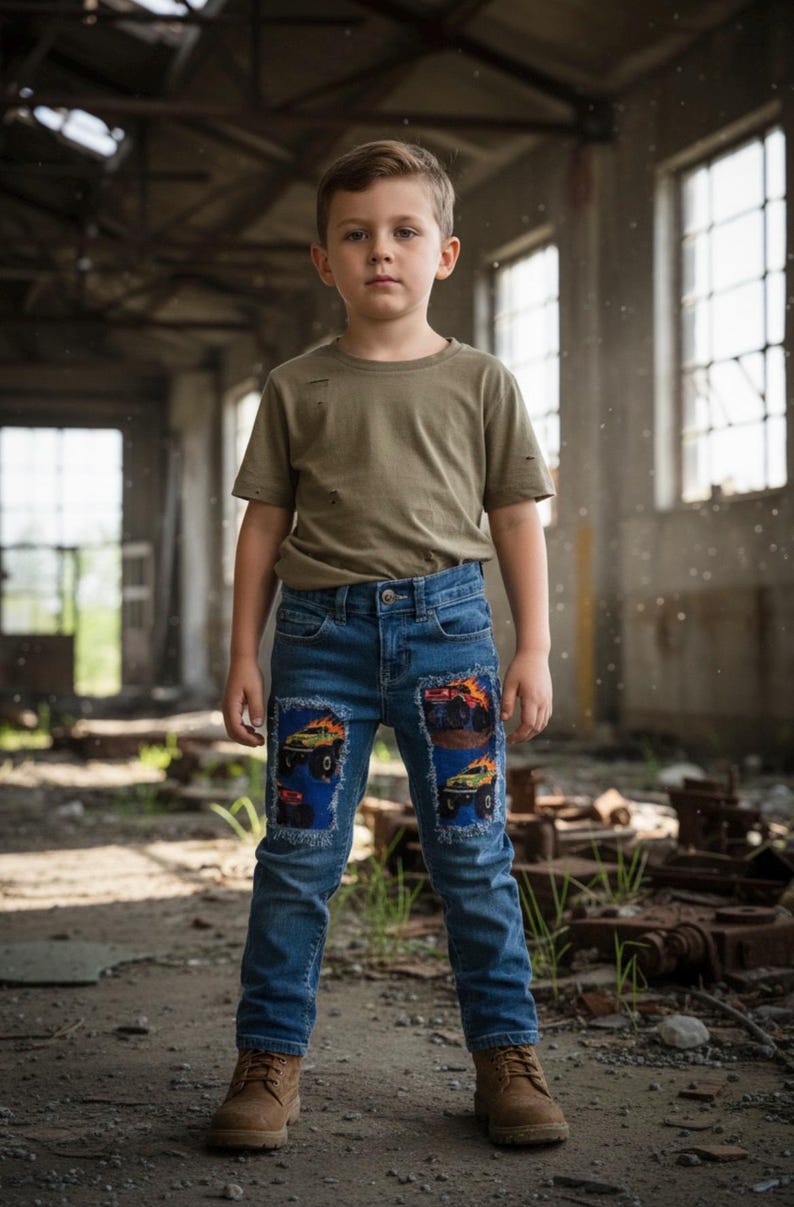 May include: A young person wearing a short-sleeved olive green t-shirt and blue jeans with monster truck patches. The jeans have patches with colorful monster truck designs. The person is wearing brown boots.