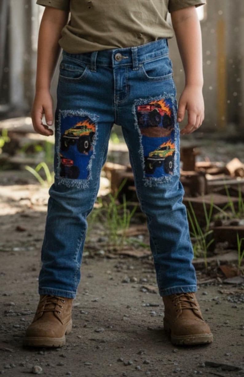 May include: Blue denim jeans with patches featuring monster truck graphics. The patches are on the knees and have a blue background with a distressed edge. The jeans are worn with brown boots.
