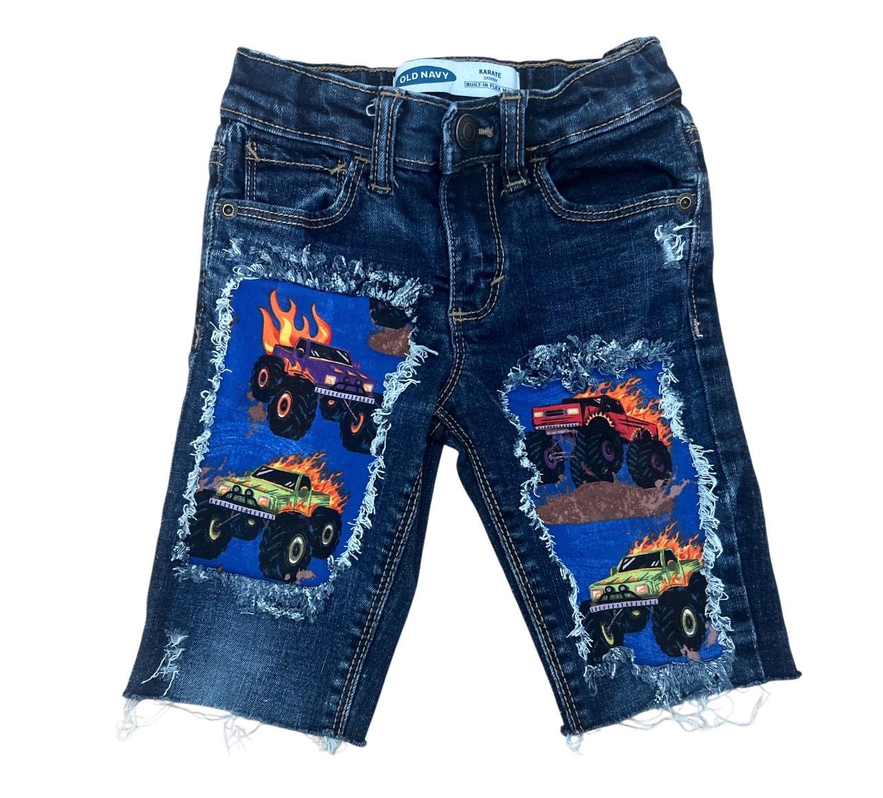 Boys Distressed Denim Monster Truck Shorts - Appliquéd Flames Design
