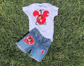 Mickey Mouse first birthday outfit, baby boys first Mickey outfit, first birthday outfit, first Disney trip outfit, Mickey onesie Jean set