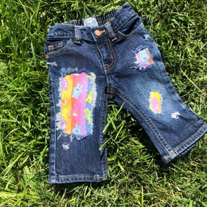 Carebear distressed jeans/Carebear/Carebear birthday party/Carebear fabric/1st birthday Carebear