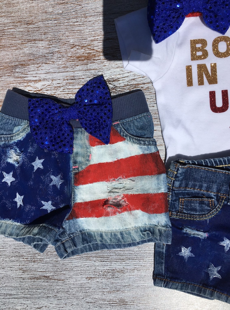 4th of July Outfit, Baby Girl/'s Rockin/' Jean Denim Shorts Born In The USA Patriotic Baby Girl Baby distressed denim shorts