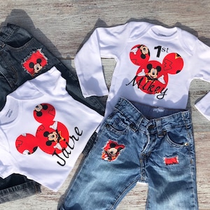 Mickey Mouse first birthday outfit, Mickey Mouse onesie, Mickey Mouse distressed blue jeans, Mickey Mouse, baby boys first Mickey outfit