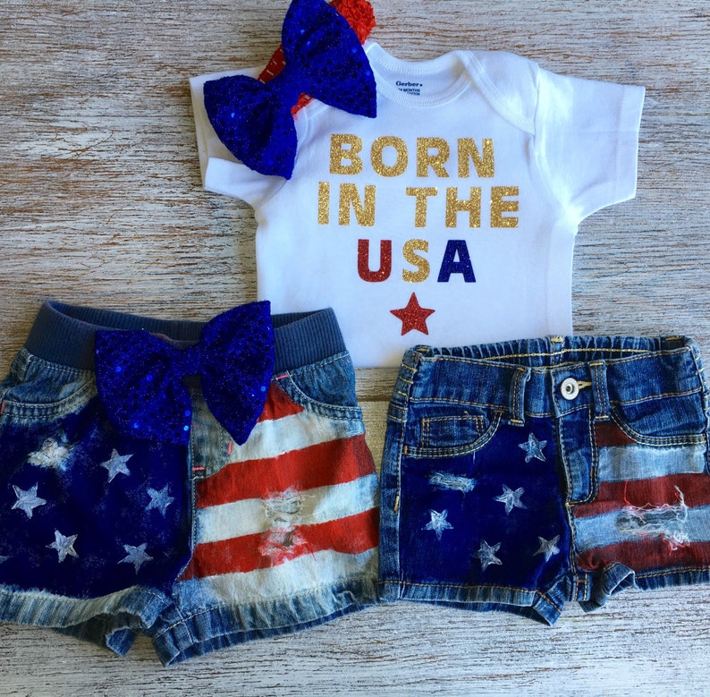 4th of July Outfit, Baby Girl/'s Rockin/' Jean Denim Shorts Born In The USA Patriotic Baby Girl Baby distressed denim shorts