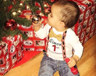 Custom Baby Boy First Christmas Outfit, Plaid Suspenders, Bow Tie Onesie
