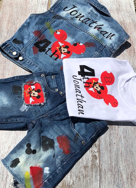 Three Piece Custom Denim Jean Mickey Mouse Birthday Outfit