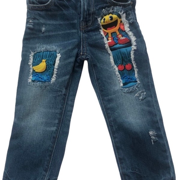 Pac-Man distress jeans/vintage Pac-Man distress jeans/pac-Man fabric/video game inspired Pac-Man distress jeans