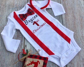 My first Christmas outfit, baby boys first Christmas outfit, first Christmas, buffalo plaid first Christmas, buffalo plaid Christmas