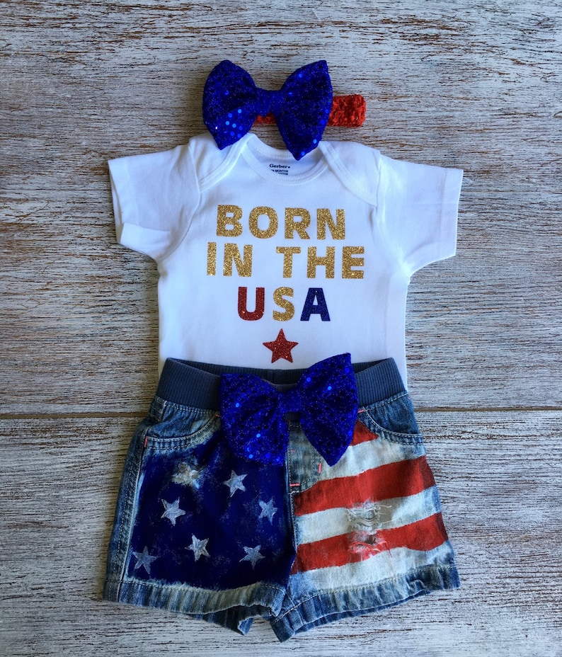 4th of July Outfit, Baby Girl/'s Rockin/' Jean Denim Shorts Born In The USA Patriotic Baby Girl Baby distressed denim shorts