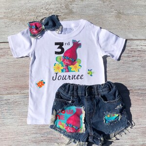 Poppy birthday Girls 3rd birthday, Troll distressed jeans