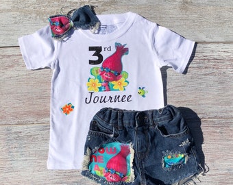 Poppy birthday Girls 3rd birthday, Troll distressed jeans