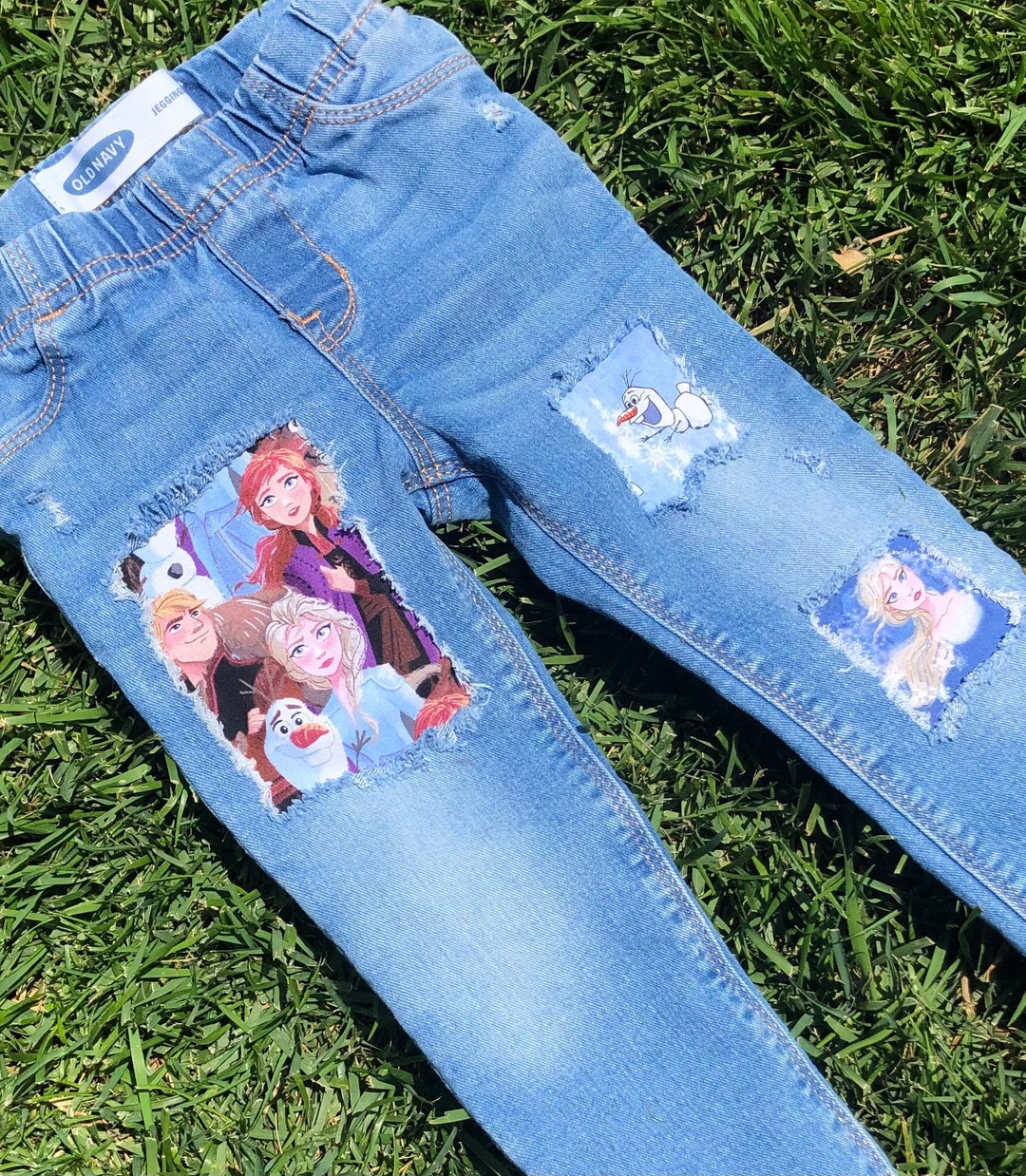 Frozen Girls Distressed Jeans Patchwork Made With Frozen Fabric Birthday Etsy