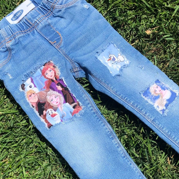 Frozen girls distressed jeans patchwork made with frozen fabric birthday